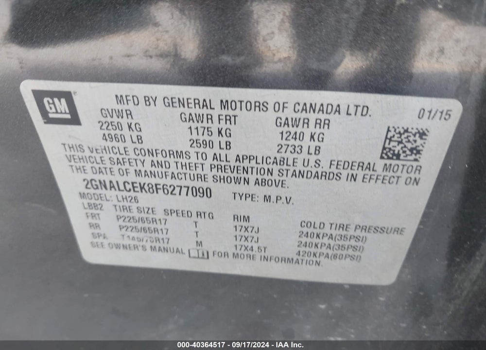 2015 CHEVROLET EQUINOX 2LT VIN: 2GNALCEK8F6277090