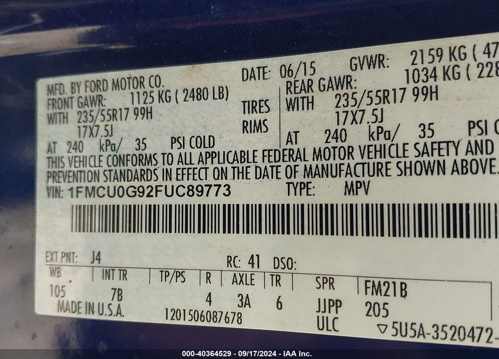 2015 FORD ESCAPE SE VIN: 1FMCU0G92FUC89773