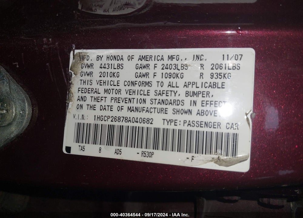 2008 HONDA ACCORD 2.4 EX-L VIN: 1HGCP26878A040682