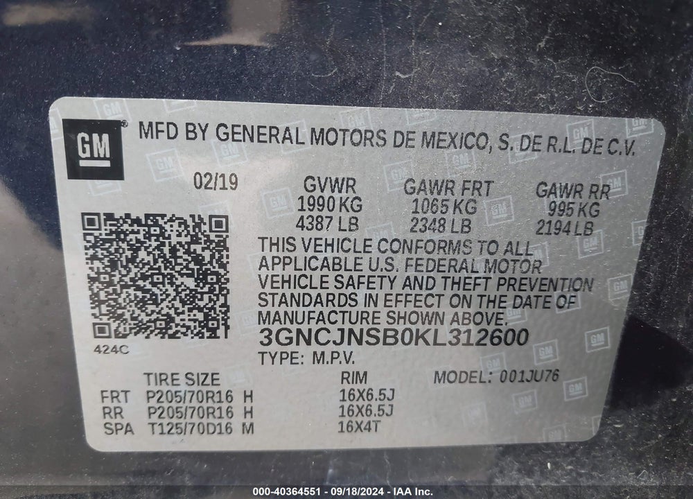 2019 CHEVROLET TRAX LS VIN: 3GNCJNSB0KL312600