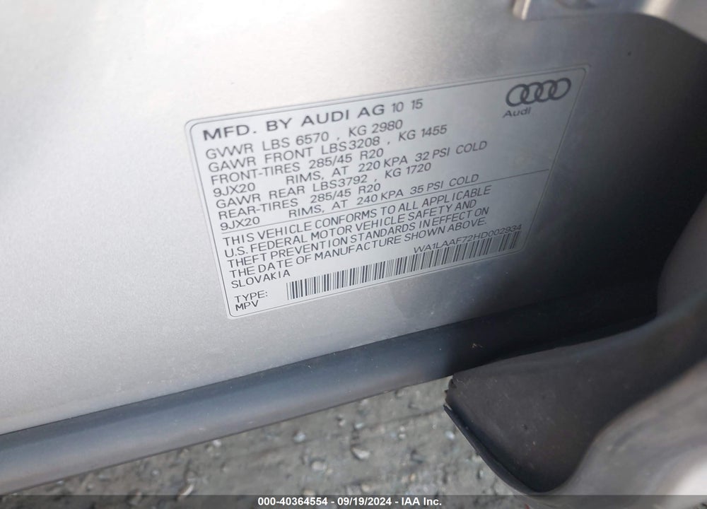 2017 AUDI Q7 3.0T PREMIUM VIN: WA1LAAF72HD002934