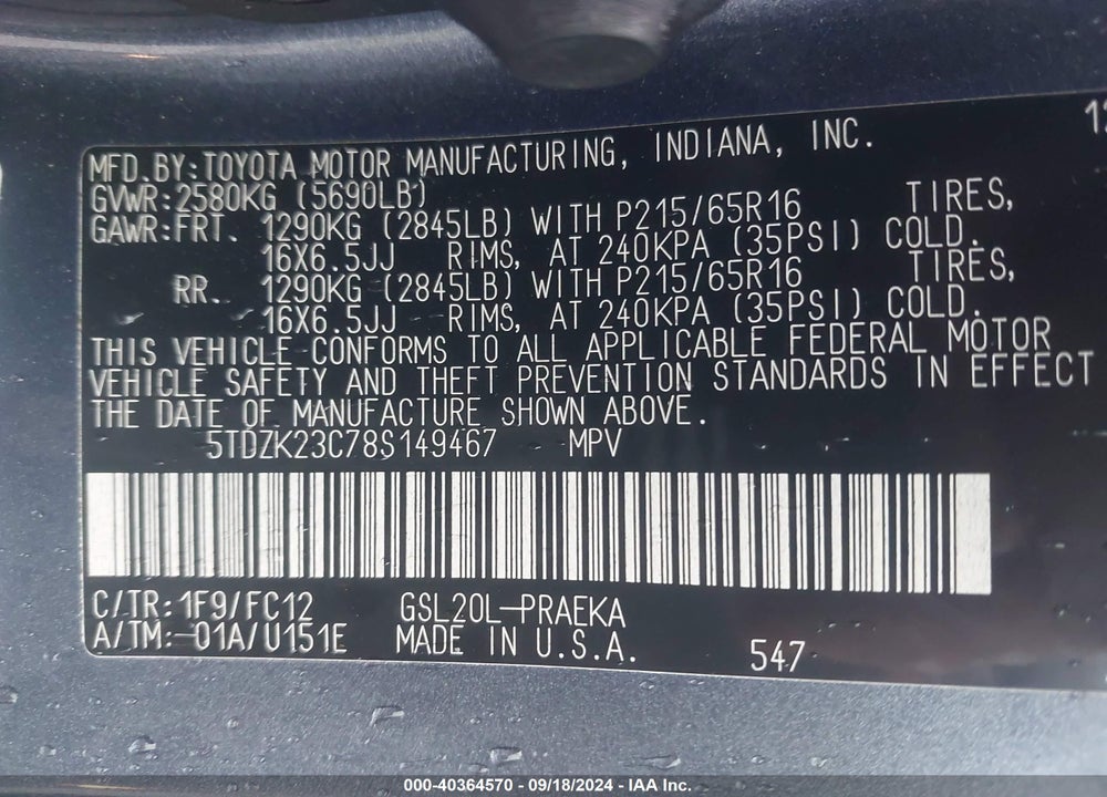 2008 TOYOTA SIENNA LE VIN: 5TDZK23C78S149467