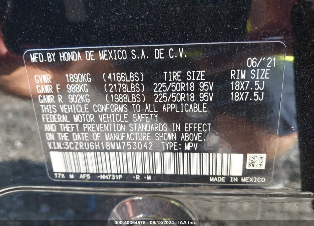 2021 HONDA HR-V AWD SPORT VIN: 3CZRU6H18MM753042