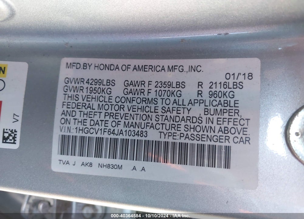 2018 HONDA ACCORD EX-L VIN: 1HGCV1F64JA103483