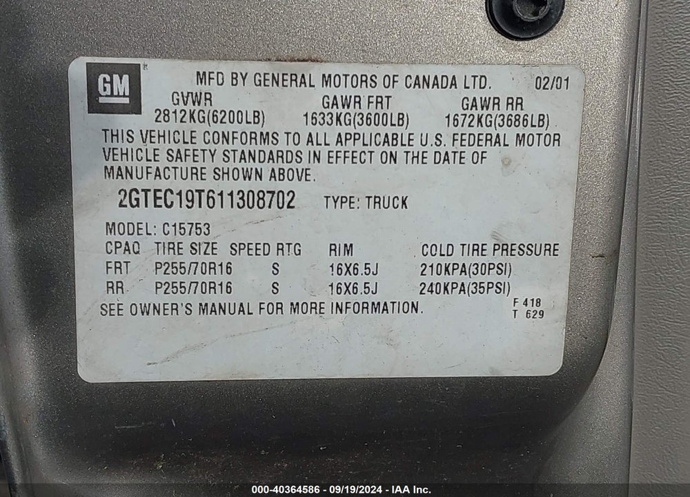 2001 GMC SIERRA 1500 SLE VIN: 2GTEC19T611308702