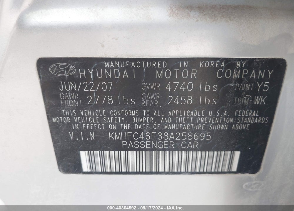 2008 HYUNDAI AZERA LIMITED VIN: KMHFC46F38A258695