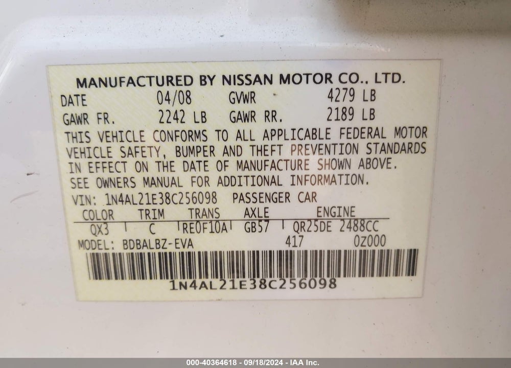 2008 NISSAN ALTIMA 2.5 S VIN: 1N4AL21E38C256098