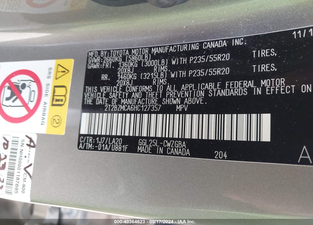 2017 LEXUS RX 350 VIN: 2T2BZMCA6HC127357