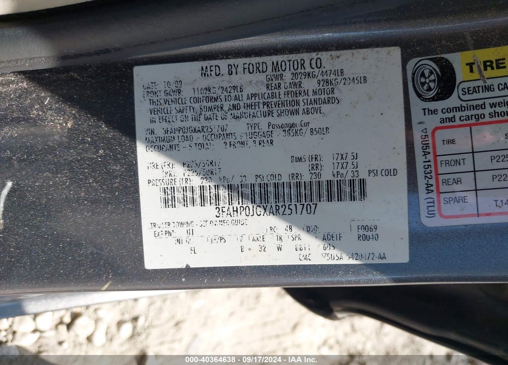 2010 FORD FUSION SEL VIN: 3FAHP0JGXAR251707