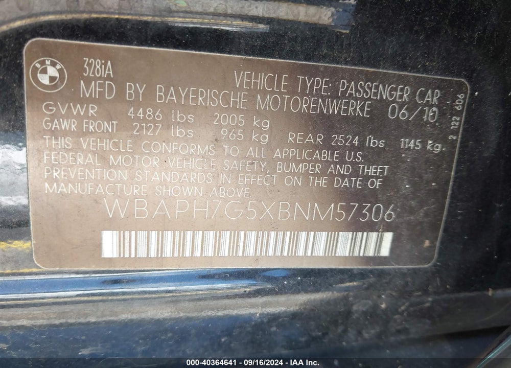 2011 BMW 328I VIN: WBAPH7G5XBNM57306