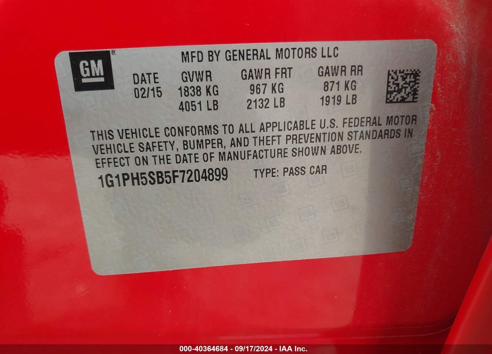 2015 CHEVROLET CRUZE ECO AUTO VIN: 1G1PH5SB5F7204899