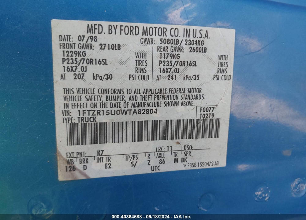 1998 FORD RANGER SPLASH/XL/XLT VIN: 1FTZR15U0WTA82804