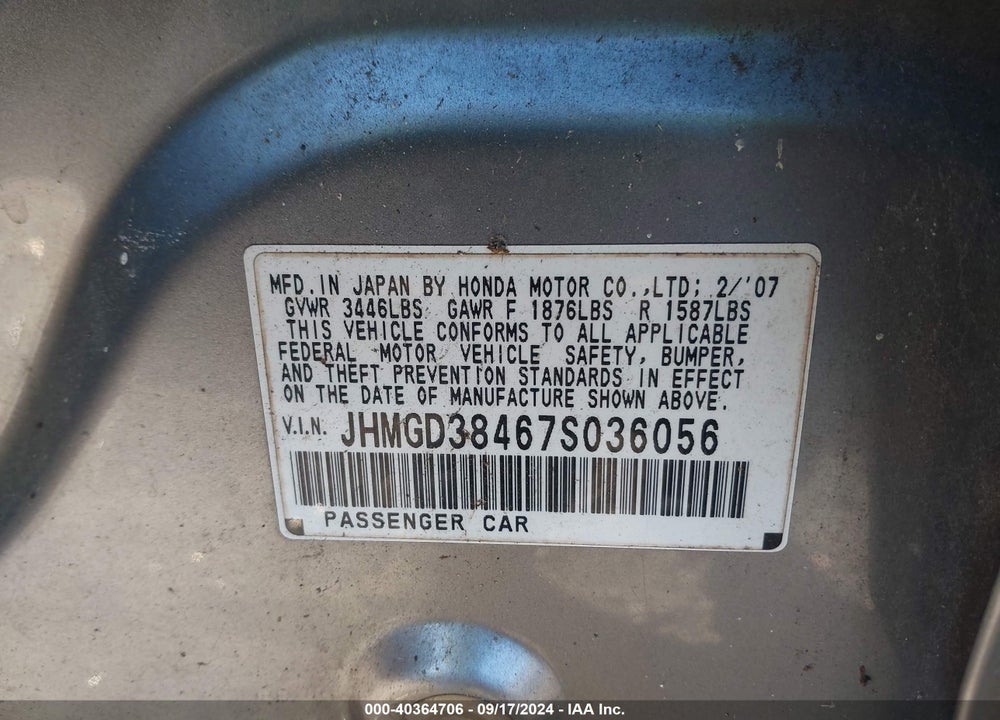 2007 HONDA FIT VIN: JHMGD38467S036056