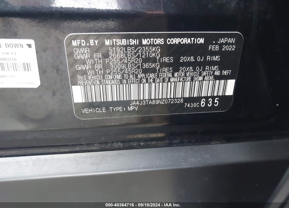 2022 MITSUBISHI OUTLANDER ES 2.5 2WD VIN: JA4J3TA89NZ072328