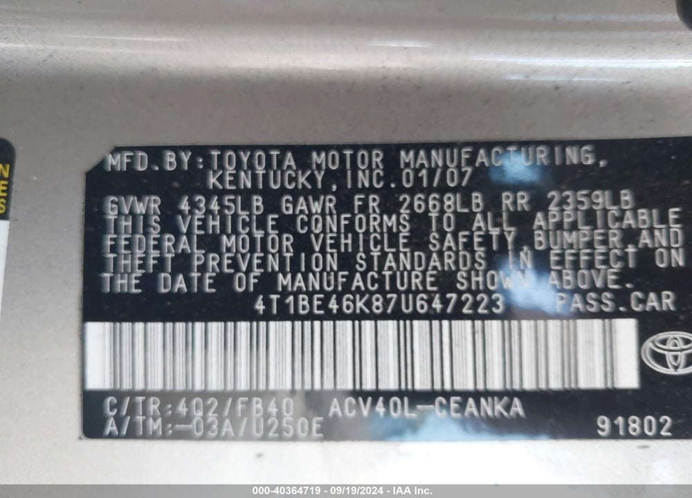 2007 TOYOTA CAMRY LE VIN: 4T1BE46K87U647223