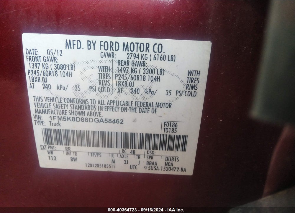 2013 FORD EXPLORER XLT VIN: 1FM5K8D88DGA58462