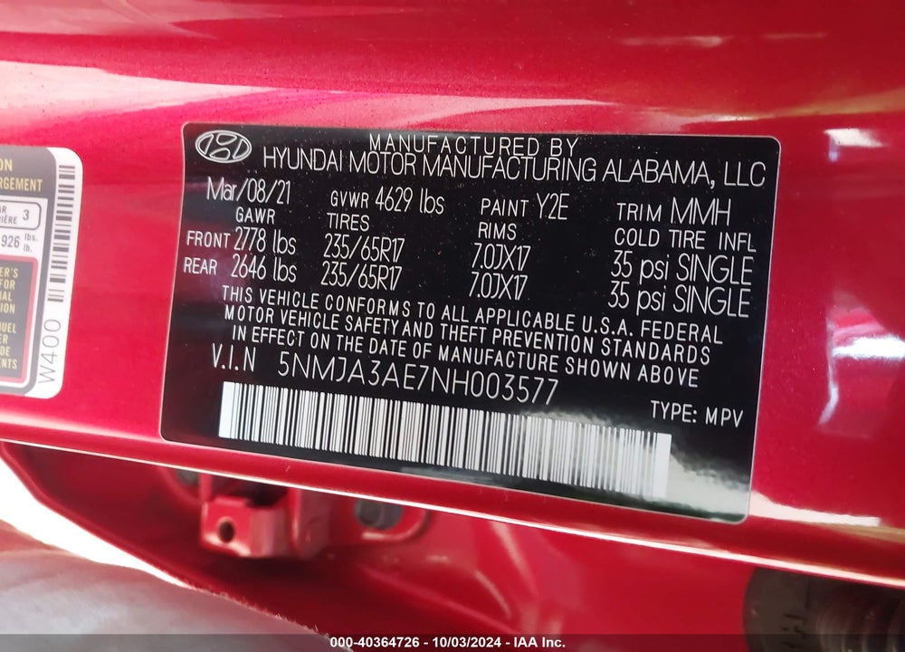 2022 HYUNDAI TUCSON SE VIN: 5NMJA3AE7NH003577