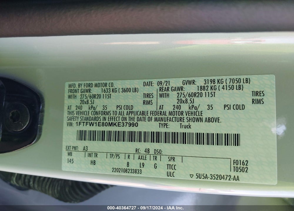 2021 FORD F-150 LARIAT VIN: 1FTFW1E80MKE37990