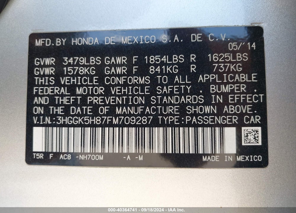 2015 HONDA FIT EX/EX-L VIN: 3HGGK5H87FM709287