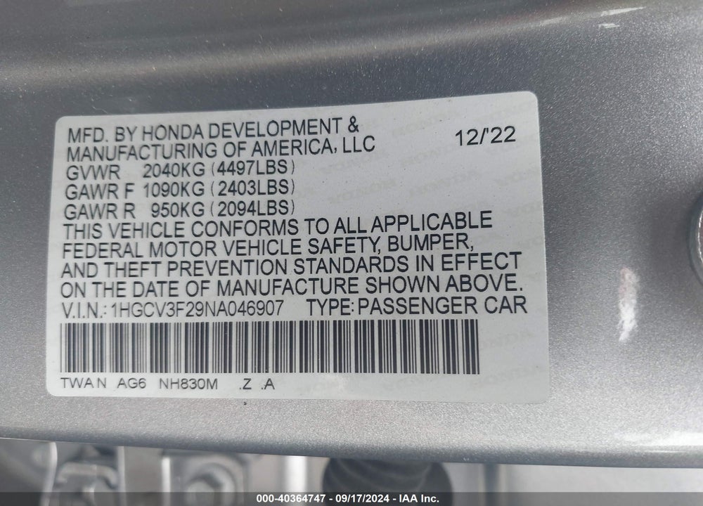 2022 HONDA ACCORD HYBRID SPORT VIN: 1HGCV3F29NA046907