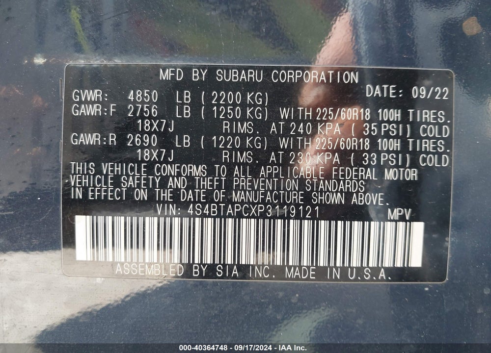 2023 OUTBACK SUBARU  TOURING VIN: 4S4BTAPCXP3119121