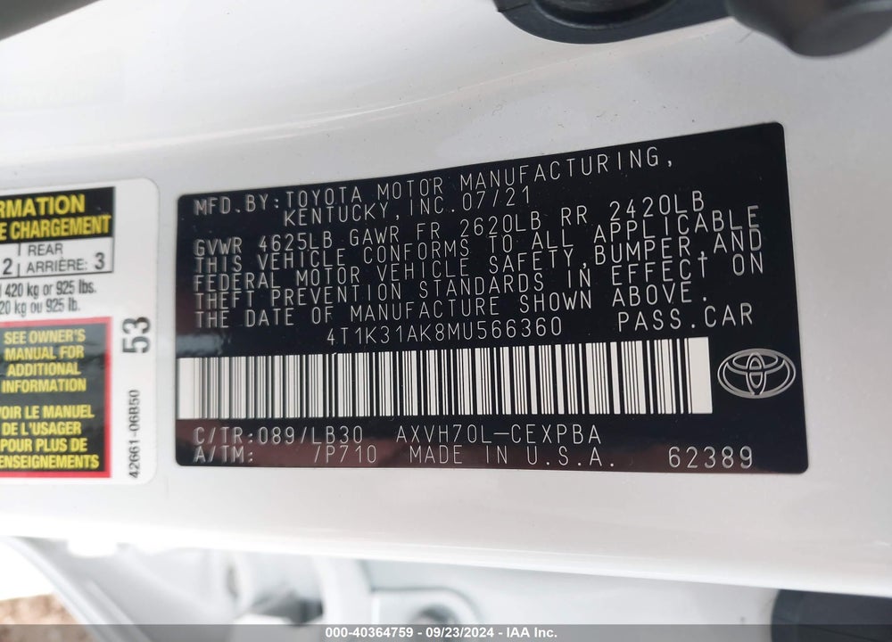 2021 TOYOTA CAMRY XSE HYBRID VIN: 4T1K31AK8MU566360