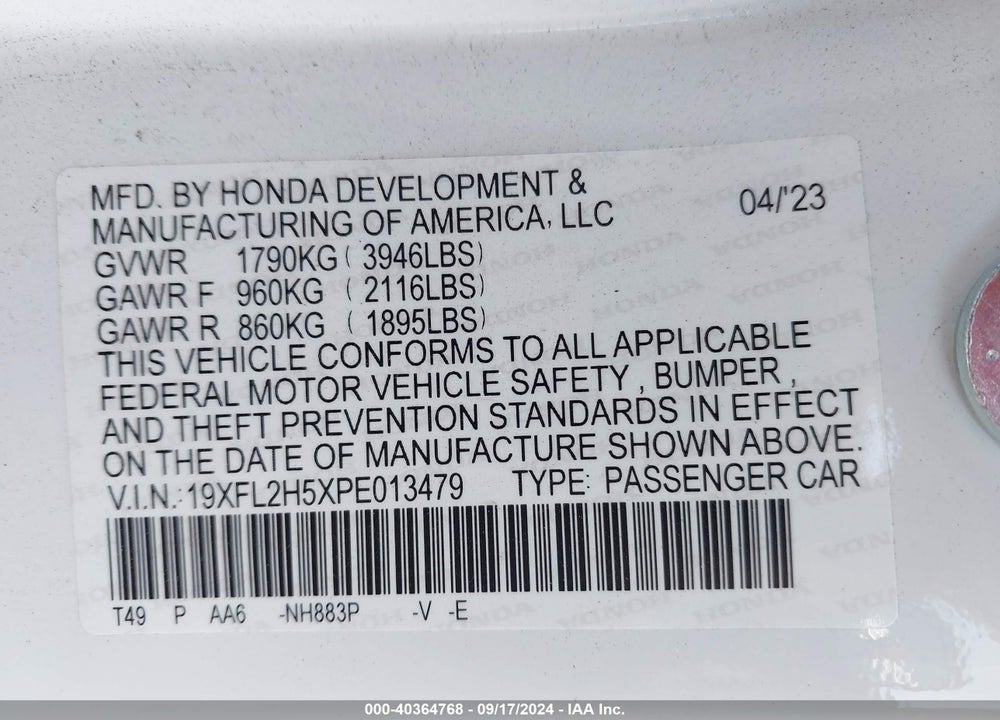2023 HONDA CIVIC LX VIN: 19XFL2H5XPE013479