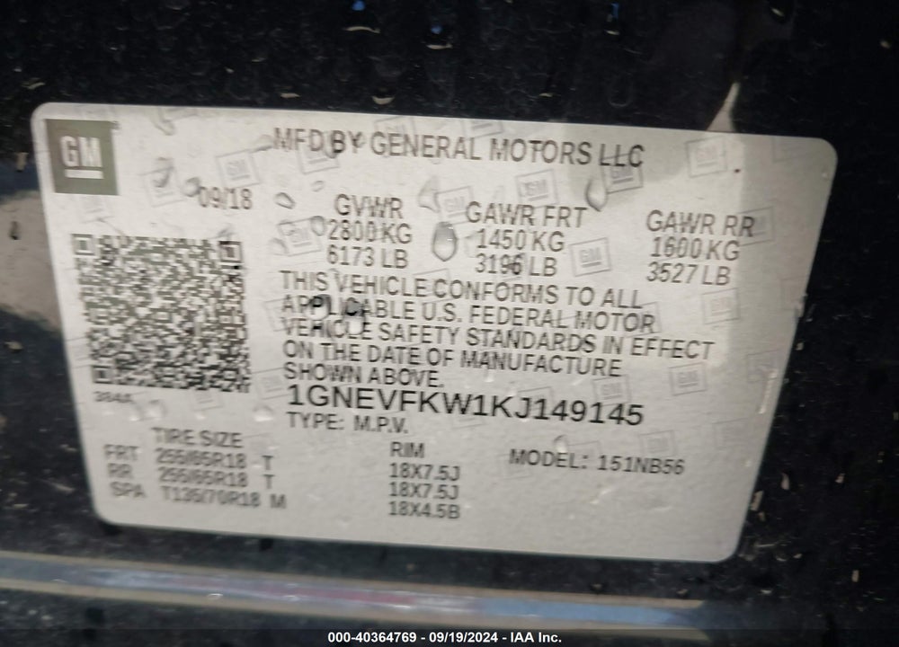 2019 CHEVROLET TRAVERSE LS VIN: 1GNEVFKW1KJ149145