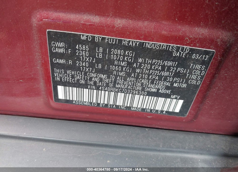 2013 SUBARU OUTBACK 2.5I LIMITED VIN: 4S4BRBKC7D3296300