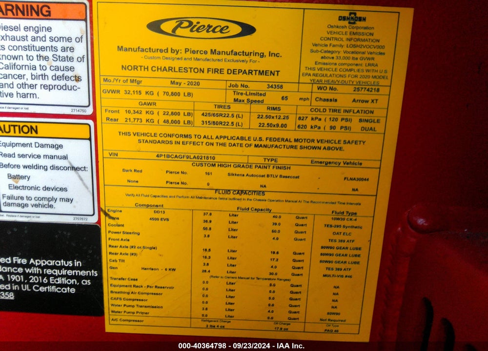 2020 PIERCE MFG. INC. PIERCE VIN: 4P1BCAGF9LA021810