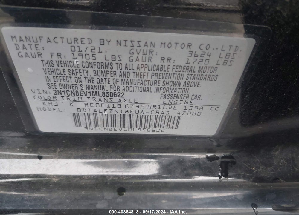 2021 NISSAN VERSA SV XTRONIC CVT VIN: 3N1CN8EV1ML850622