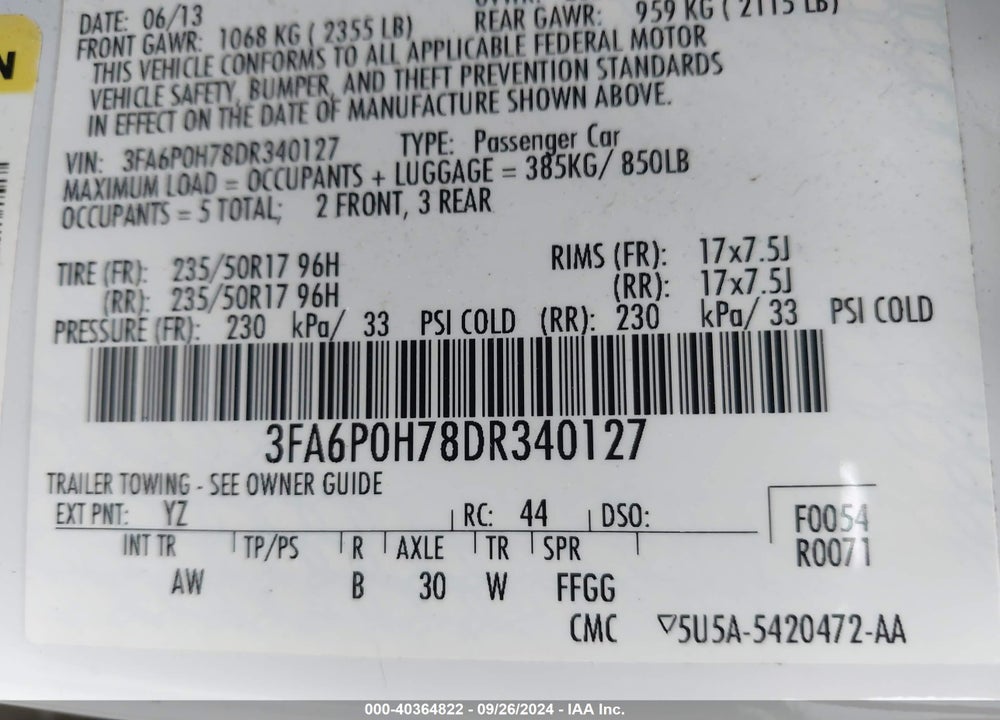 2013 FORD FUSION SE VIN: 3FA6P0H78DR340127