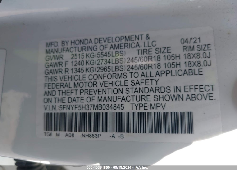 2021 HONDA PILOT 2WD EX VIN: 5FNYF5H37MB034845