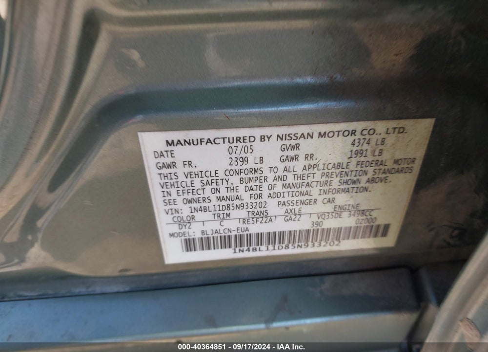 2005 NISSAN ALTIMA 3.5 SE VIN: 1N4BL11D85N933202