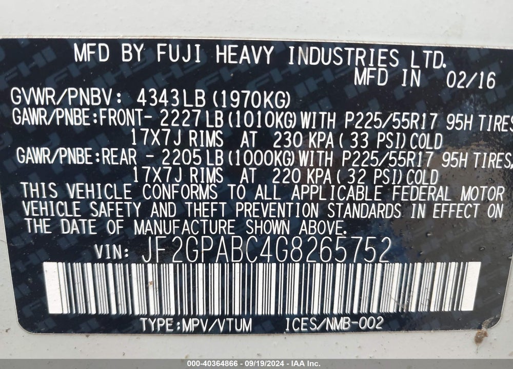2016 SUBARU CROSSTREK 2.0I PREMIUM VIN: JF2GPABC4G8265752