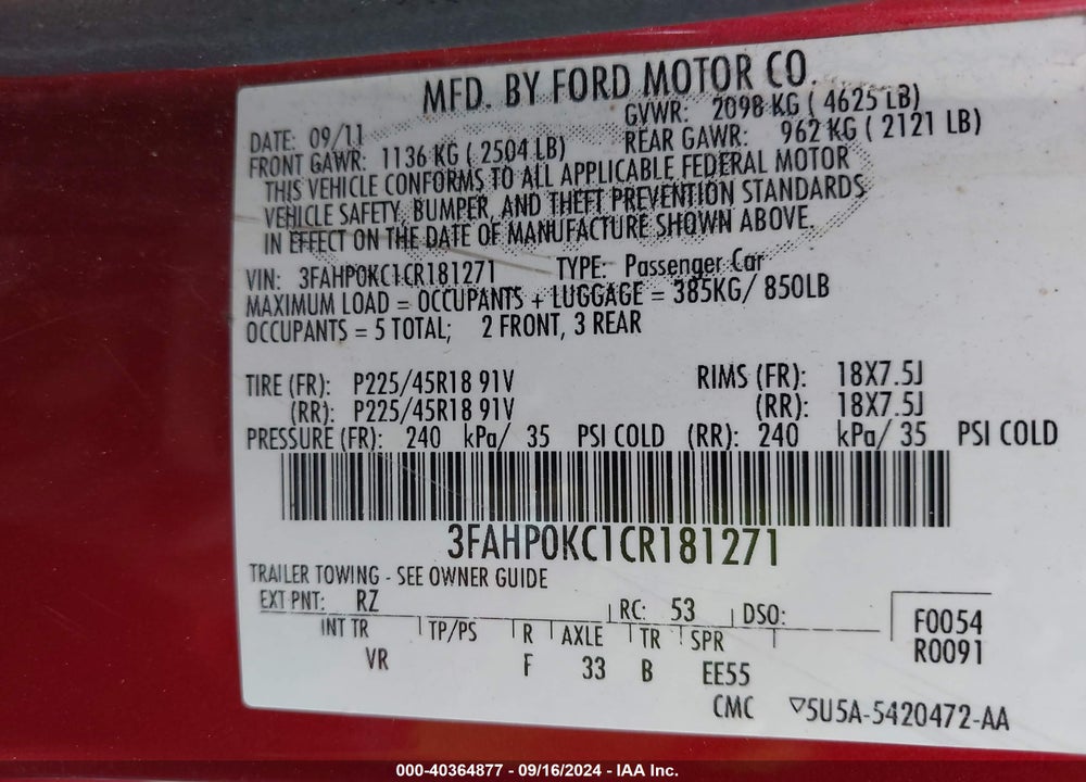 2012 FORD FUSION SPORT VIN: 3FAHP0KC1CR181271