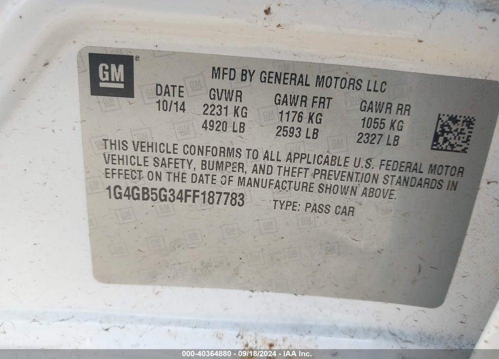 2015 BUICK LACROSSE LEATHER VIN: 1G4GB5G34FF187783