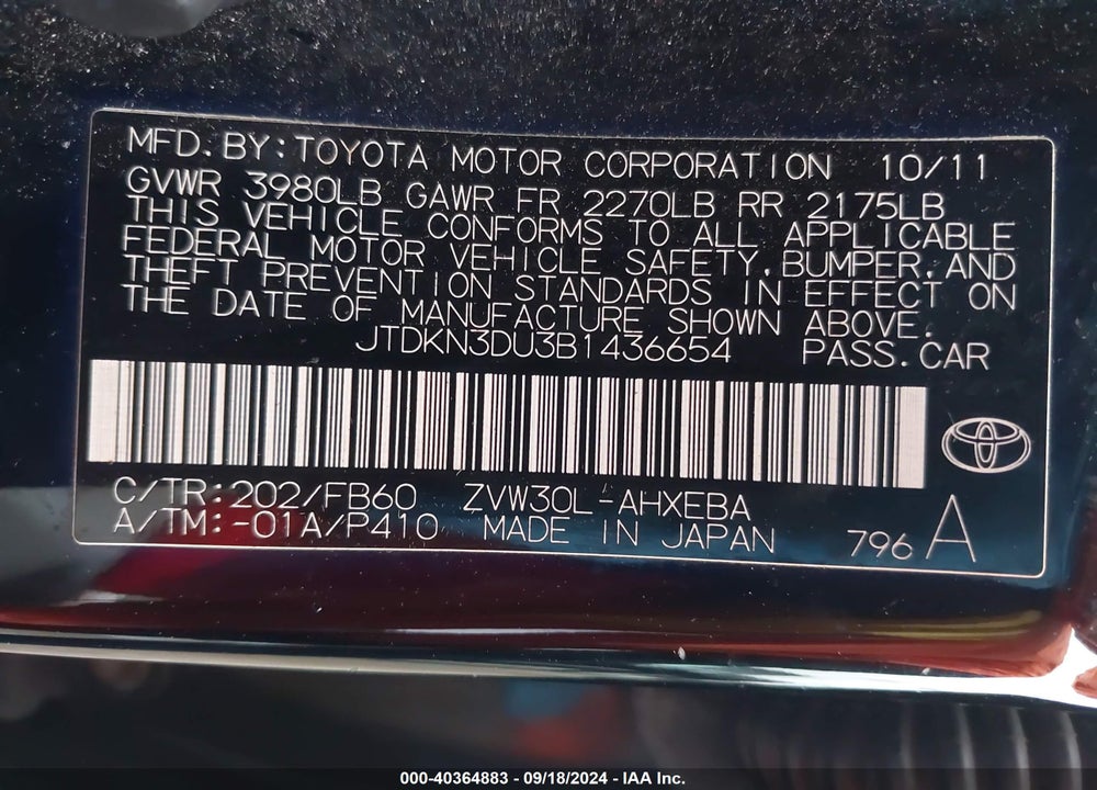 2011 TOYOTA PRIUS TWO VIN: JTDKN3DU3B1436654