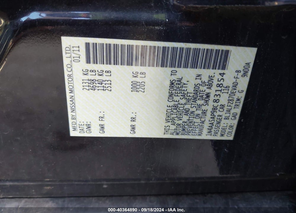 2011 NISSAN MAXIMA 3.5 SV VIN: 1N4AA5AP9BC831854