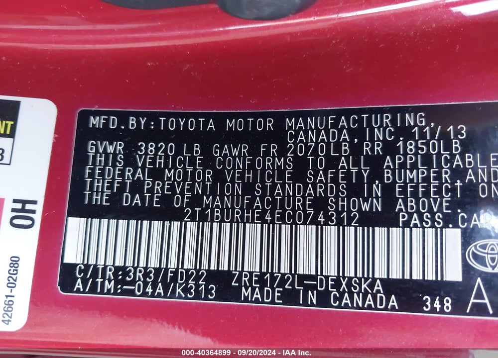 2014 TOYOTA COROLLA S PLUS VIN: 2T1BURHE4EC074312