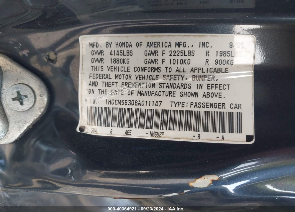 2006 HONDA ACCORD VIN: 1HGCM56306A011147