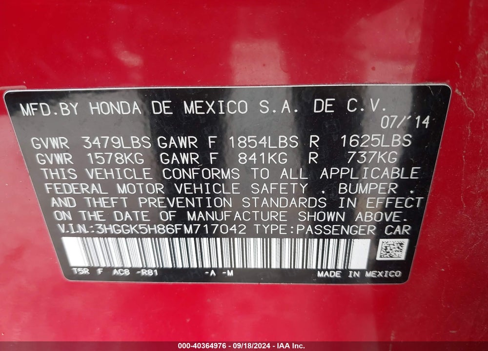 2015 HONDA FIT EX/EX-L VIN: 3HGGK5H86FM717042