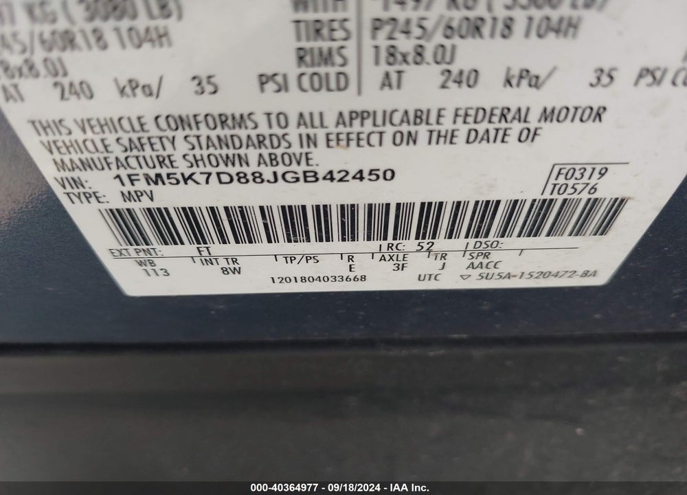 2018 FORD EXPLORER XLT VIN: 1FM5K7D88JGB42450
