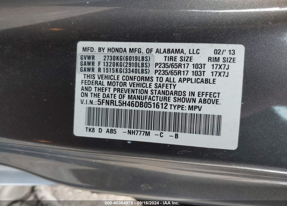 2013 HONDA ODYSSEY EX VIN: 5FNRL5H46DB051612
