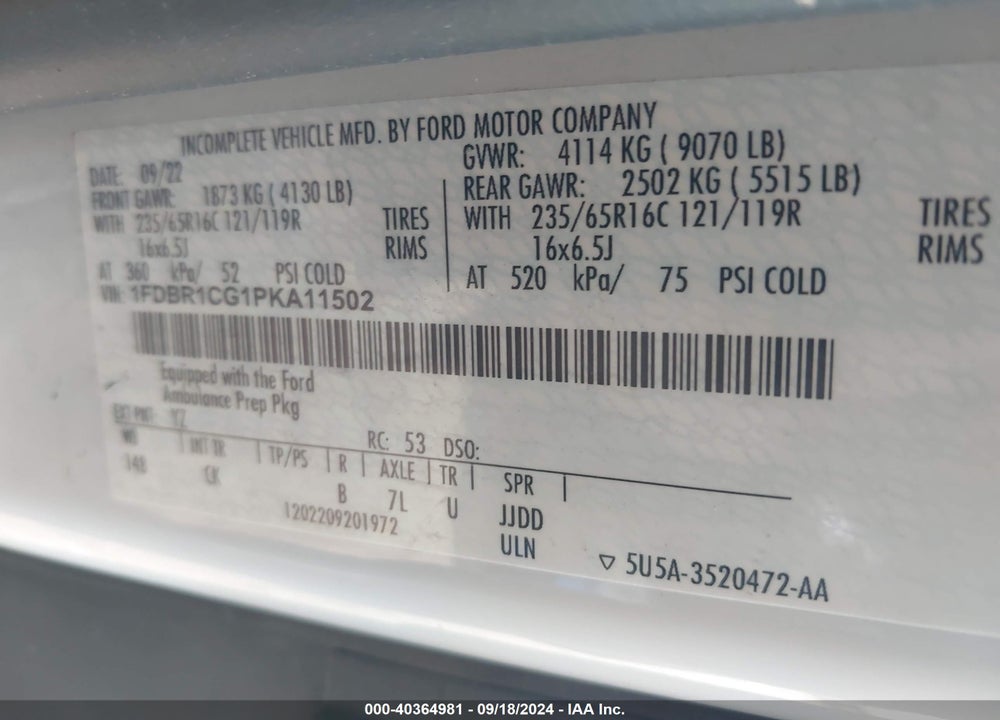 2023 FORD TRANSIT-250 VIN: 1FDBR1CG1PKA11502