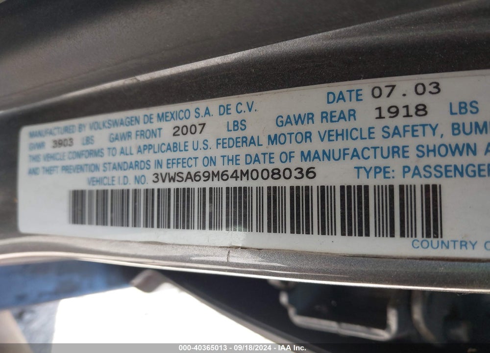 2004 VOLKSWAGEN JETTA GLS 2.0L VIN: 3VWSA69M64M008036