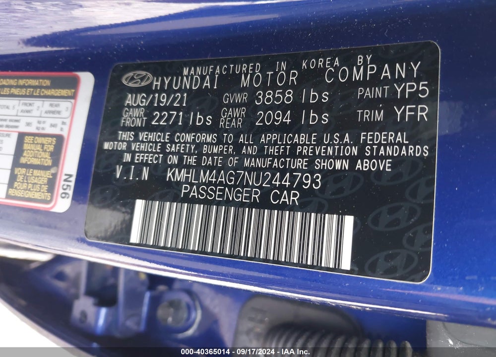 2022 HYUNDAI ELANTRA SEL VIN: KMHLM4AG7NU244793
