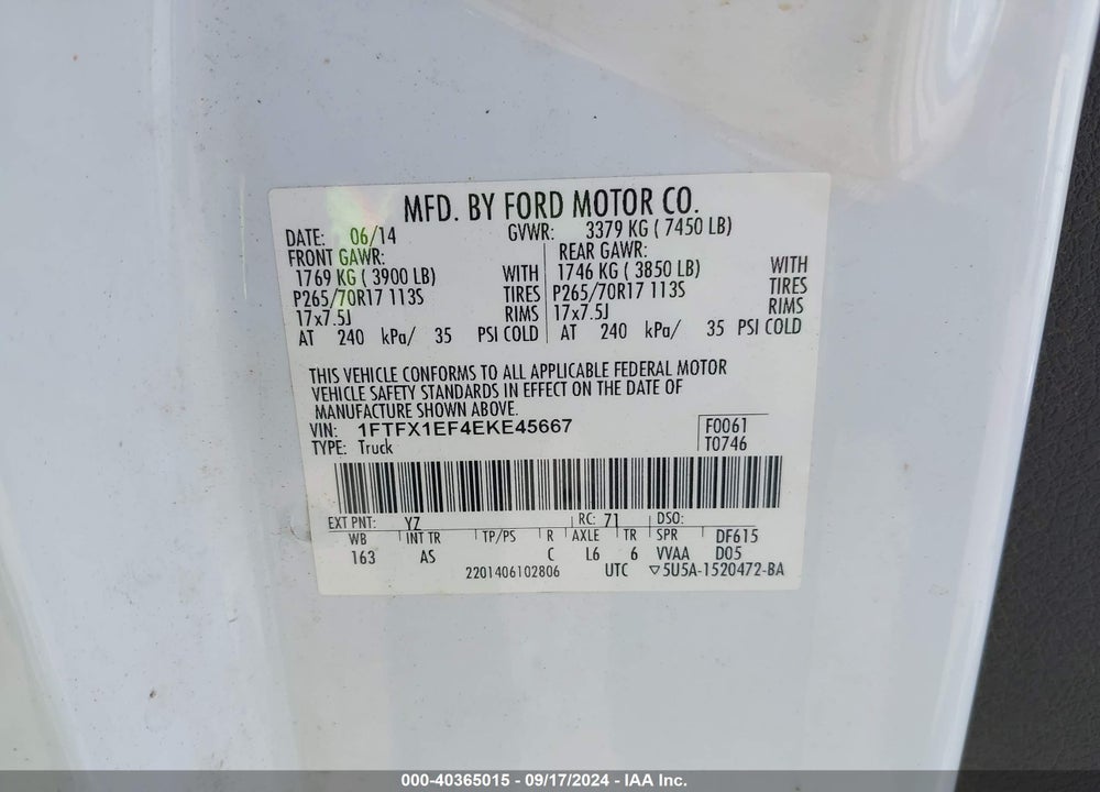 2014 FORD F-150 VIN: 1FTFX1EF4EKE45667