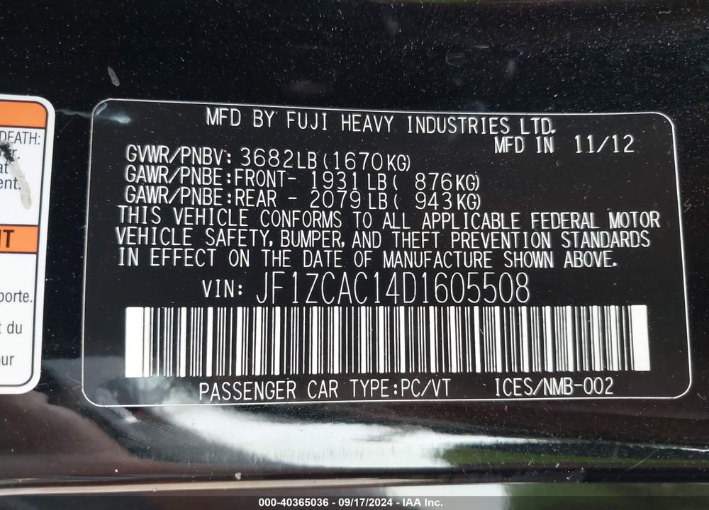 2013 SUBARU BRZ LIMITED VIN: JF1ZCAC14D1605508