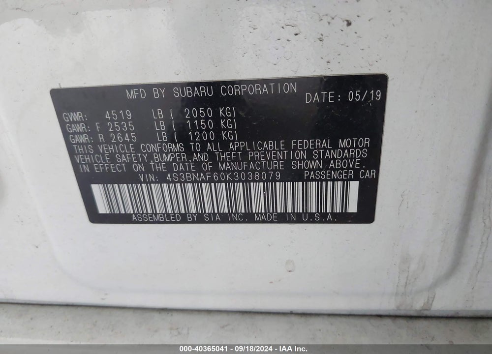 2019 SUBARU LEGACY 2.5I PREMIUM VIN: 4S3BNAF60K3038079